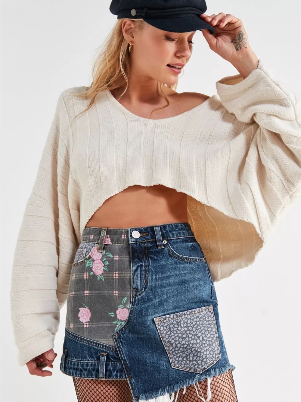 BDG Patchwork Denim Mini Skirt with Pink Floral Plaid